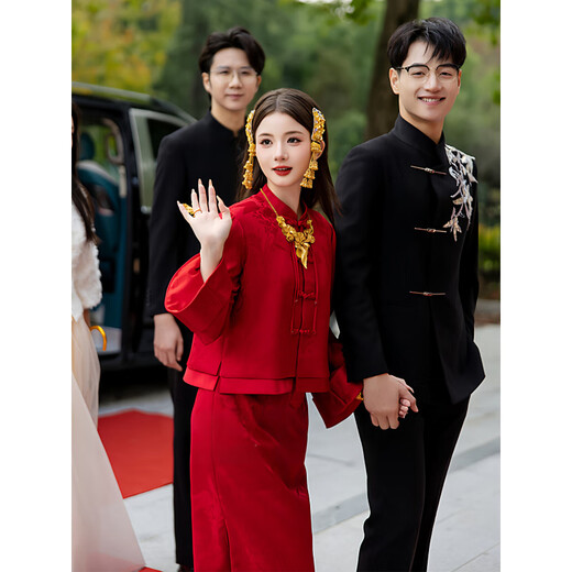 Vimadtly New Chinese Toast Wear Bride 2025 New Style Temperament Engagement Dress Suit Morning Robe Home Banquet Slim Wine Red XS