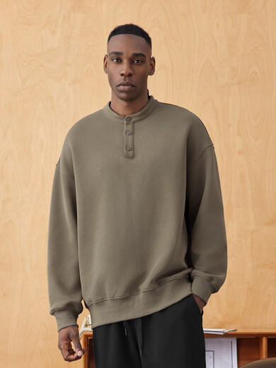 BODYDREAMBM New Henley Collar Sweatshirt Men's Autumn Casual Pullover Loose Shoulder Sports Top Dark Khaki S 110Jin Jin equal to less than 0.5kg