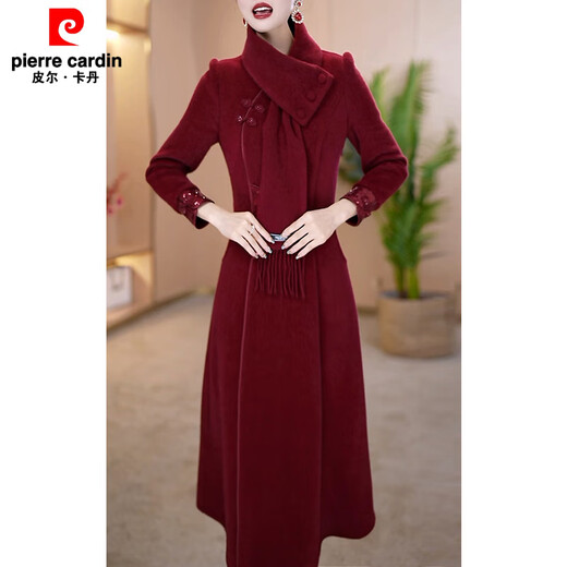 Pierre Cardin 2025 New Mother's Cheongsam Dress Spring and Autumn Thickened Warm Two-piece Set Burgundy Thickened Cheongsam 2XL Recommended 121-130 Jin Jin equals 0.5 kg