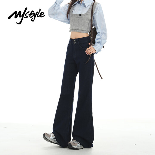 MJ STYLE American high-waisted boot-cut pants for women 2025 new autumn women's loose slimming bell-bottom jeans dark blue S