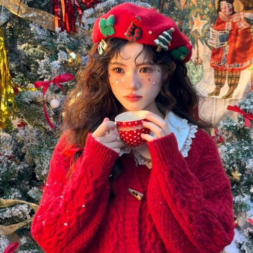 Miss Right's 25-year-old new Korean style Christmas red wool Nibere hat for women, winter warm student painter hat, adult Christmas tree beret - white, one size fits all 56-58