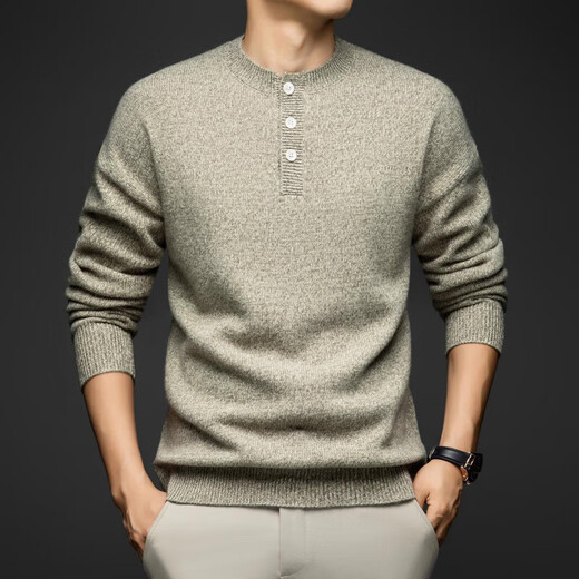 KBXNG Jinba thickened pure wool sweater men's retro clip color silhouette sweater winter round neck Henry collar trendy warm needle green S 165