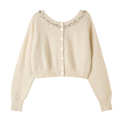 SNIDEL2025 new autumn and winter two-wear front and rear imitation pearl rhinestone V-neck sweater top SWNT254310 Pink One Size (F)