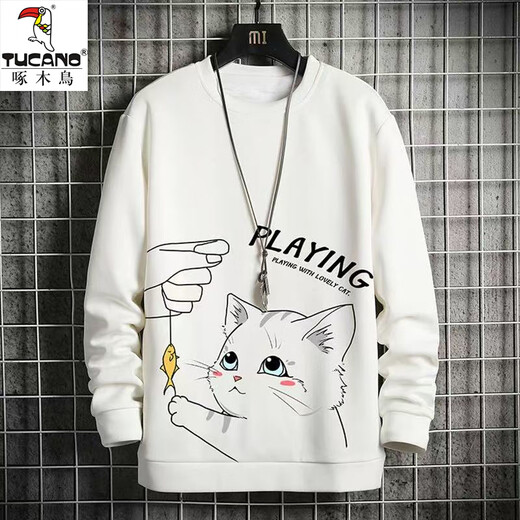 Woodpecker long-sleeved T-shirt men's autumn and winter trendy brand loose round neck bottoming shirt youth casual sports velvet sweatshirt clothes fishing cat white XL
