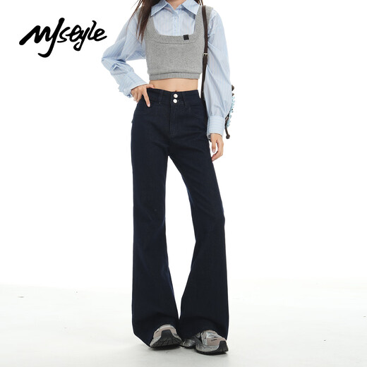 MJ STYLE American high-waisted boot-cut pants for women 2025 new autumn women's loose slimming bell-bottom jeans dark blue S