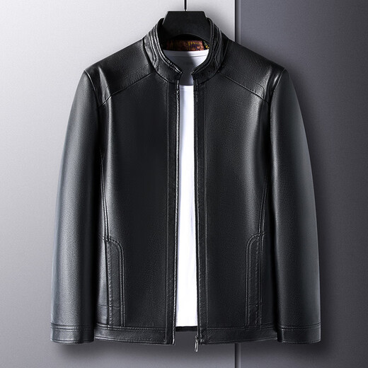 Lilang leather jacket men's autumn and winter new men's stand-up collar soft leather jacket middle-aged men's loose casual leather jacket brown cotton thickened L 175 (recommended weight 115-130)