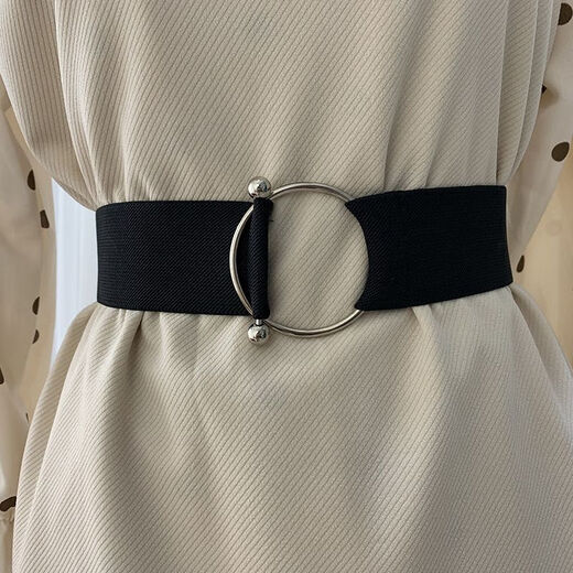 Jinbing women's belt black simple waist elastic loose tight round buckle waist with sweater shirt fashion dress belt black 59cm