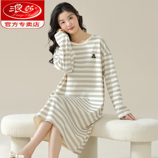 浪莎（LangSha）2024年新款睡裙女春秋纯棉感秋冬季睡衣可外穿条纹家居服 W9764长袖睡裙 L 90-110斤