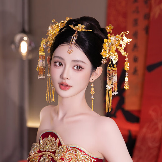 Yingtang bride Chinese style antique style glazed flower eyebrows covered with ancient tassels hairpin Xiuhe suit dragon and phoenix hanging hair accessories hair accessories set D0446Y