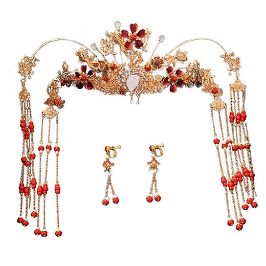Meng Junchen bridal costume headwear phoenix crown and show dress accessories round hair crown Chinese wedding tassel hair accessories phoenix crown + earring clip