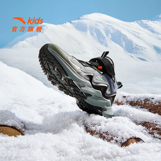 ANTA children's cotton shoes for boys and girls, mountain and river plus velvet to keep warm, 2025 autumn and winter new high-top Velcro anti-ski boots, recommended by the store manager, gray/black/slightly smoked green-6 38, shoe inner length 24cm