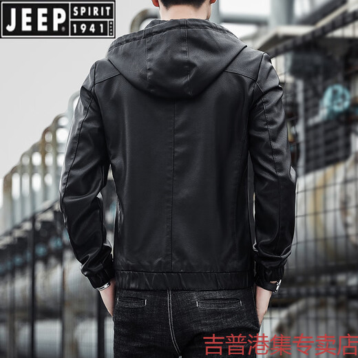 JEEP SPIRIT handsome leather jacket men's hooded slim fit trendy American retro 2025 new leather jacket autumn and winter motorcycle suit 2207 black 2XL