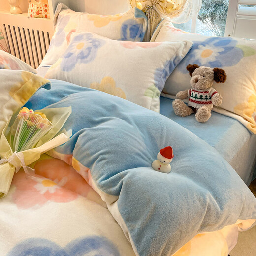 NanJiren (NanJiren) milk velvet four-piece autumn and winter thickened bed sheet and quilt cover double-sided plus velvet quilt cover and student dormitory three-piece set colorful flower + baby blue heat storage and warmth 1.5m bed sheet four-piece quilt cover 200*230