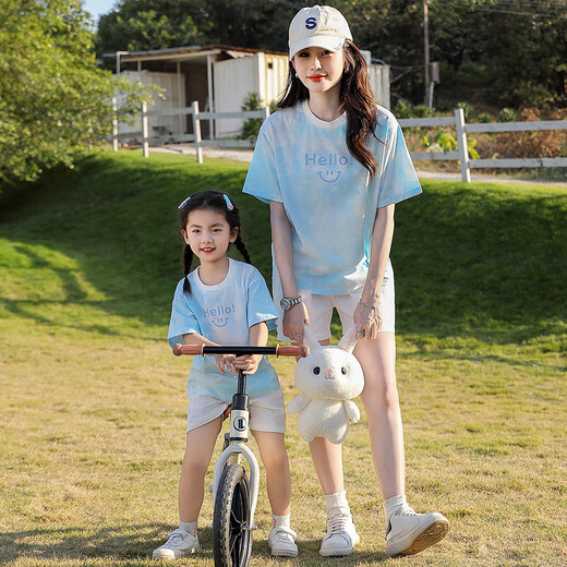 黯嗒嗒高端子装夏装2024新款一家三口四口母子母女套装童装短袖T 755扎染蓝色T恤 90 宝宝码(18-22斤)