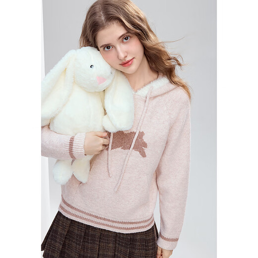 Betu Women's 2025 Winter New Sweater Cute Rabbit Jacquard Fur Hat Mouth Sweet Top Women 2510T52 Light Pink S