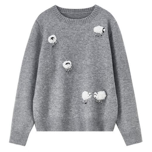 Shandubila sheep wool design round neck sweater women's winter contrast color lamb pattern sweater loose slimming top