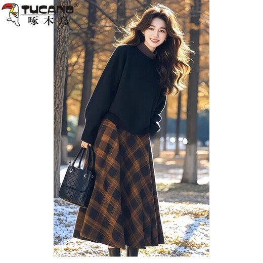 Woodpecker (TUCANO) enters winter with a complete set of 2025 new style ladies' contrasting color sweater plaid skirt age-reducing suit for women top + skirt XL recommended 120Jin Jin equals 0.5kg -145Jin Jin equals 0.5kg within