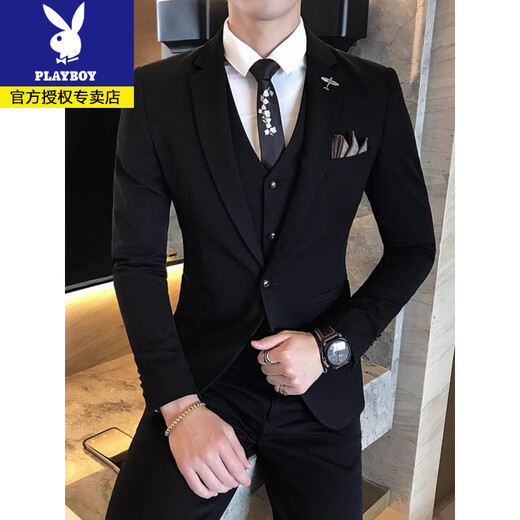 Playboy suit for men professional groomsmen Korean style groom wedding dress formal business slim casual suit for men 937 black (three-piece suit) jacket + vest + trousers + shirt + gift bag XL 52 Weight 120-130 Jin Jin equals 0.5 kg