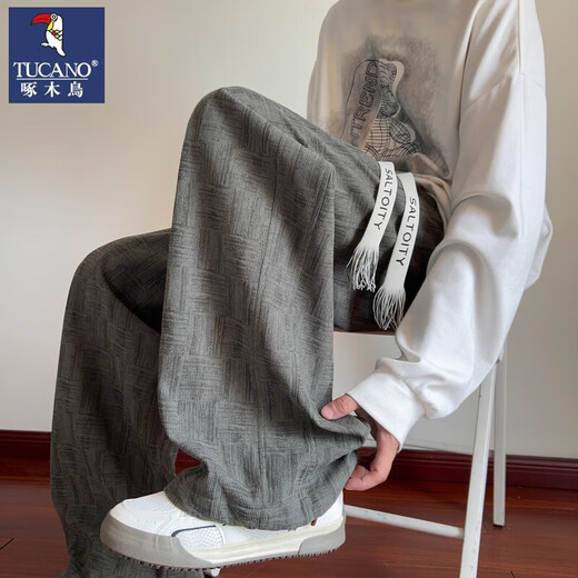 Woodpecker Casual Pants Men's 2025 Autumn New American Retro Plaid Heavy Pants Loose Straight Wide Leg Sports Pants Black XL 65kg-75kg