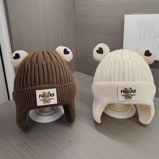 Baby hat autumn and winter knitted woolen hat for boys and girls cute bear infant ear protection warm hat winter beige single layer + 3-36 months (44-52cm) + elastic