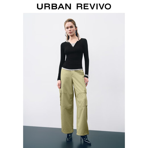 UR2025 new autumn women's contrasting color fake two-piece stitching slim long-sleeved T-shirt UWJ450109+ black M