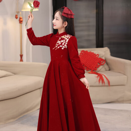 Girls high-end New Year's greetings red evening dress new Chinese style princess dress girl host New Year's jersey performance clothing red 160