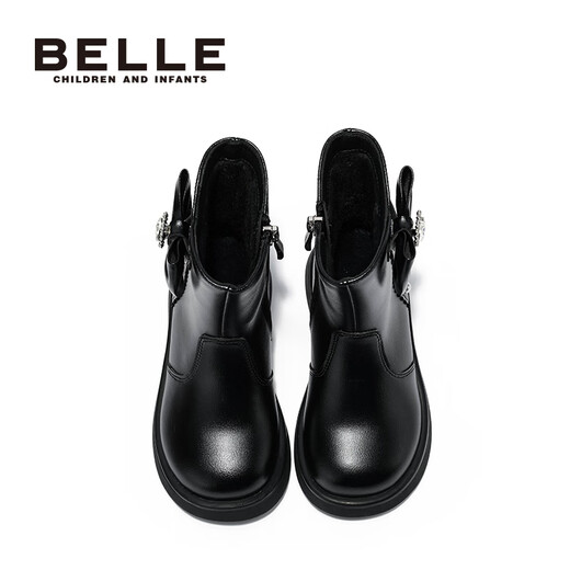 Belle Children's Shoes Winter Children's Velvet Boots Girls Fashion Boots Princess Leather Boots Warm Short Boots Black 35