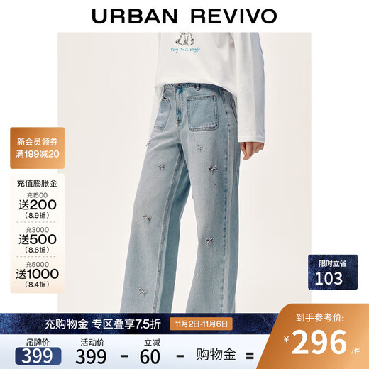 UR2025 new winter women's casual bow double pocket wide leg denim trousers UYL850207 blue 27