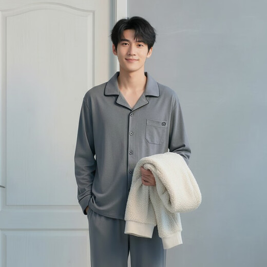 Jingshu cotton own brand cotton Dudu cotton autumn new brushed men's long-sleeved pajamas home clothes gray XL