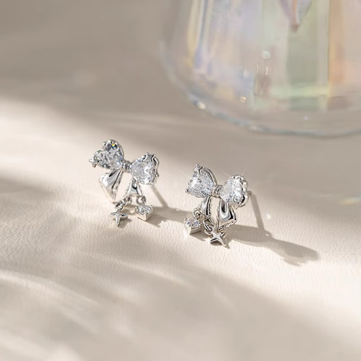 China Gold (CHINA GOLD) Silver Earrings Sterling Silver Girls Earrings Earrings Light Luxury High-end Niche Birthday Gifts for Women Light Luxury Niche Girlfriends Bow Earrings