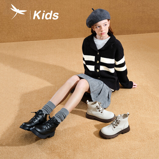 Red Dragonfly Children's Autumn and Winter Cotton Shoes Girls' Shoes Leather Boots Short Boots Medium and Large Children's Martin Boots Q54BM002 Black 36