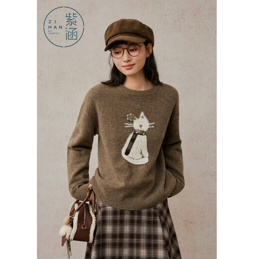 Zihan (ZIHAN) Zihan 100% sheep wool round neck sweater for women 2025 winter new cat jacquard loose pullover sweater Mocha Mousse S