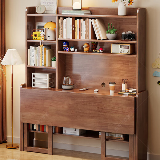 Huixun solid wood folding desk bookshelf integrated table bedroom conjoined computer table student home retractable children's study table walnut color #folding desk + bookshelf 80cm*60cm*75cm total height 175cm