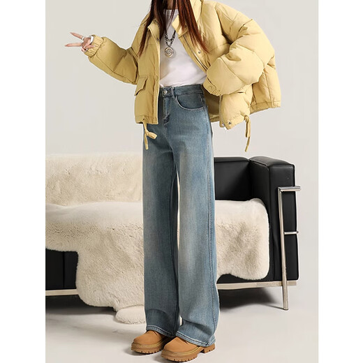 Cotton plus velvet thickened slightly flared wide-leg jeans for women autumn and winter new high-waisted loose straight casual pants for small people 1101 retro blue plus velvet high quality L 105-115Jin Jin is equal to 0.5 kg