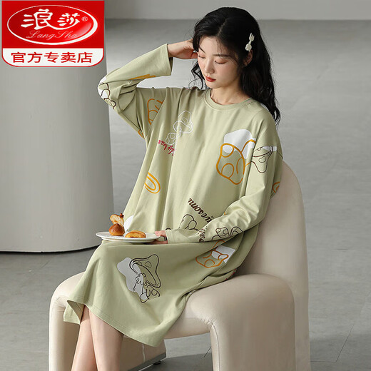 浪莎（LangSha）2024年新款睡裙女春秋纯棉感秋冬季睡衣可外穿条纹家居服 W9764长袖睡裙 L 90-110斤