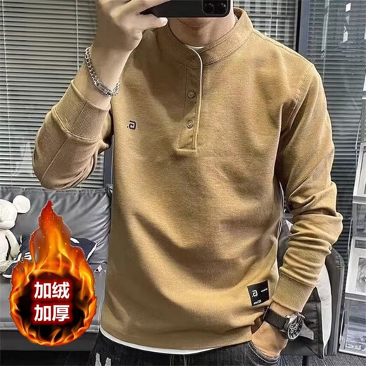 Chaoyunyue men's fleece sweatshirt 2025 Korean version trendy casual simple bottoming shirt solid color warm henley collar long-sleeved T-shirt 63-336 yellow high quality fleece M 100-115Jin Jin equals 0.5 kg