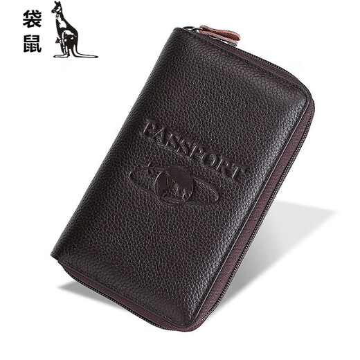 袋鼠（KANGAROO）护照包头层牛皮出国旅游钱包rfid护照本防盗刷卡位证件包 黑色