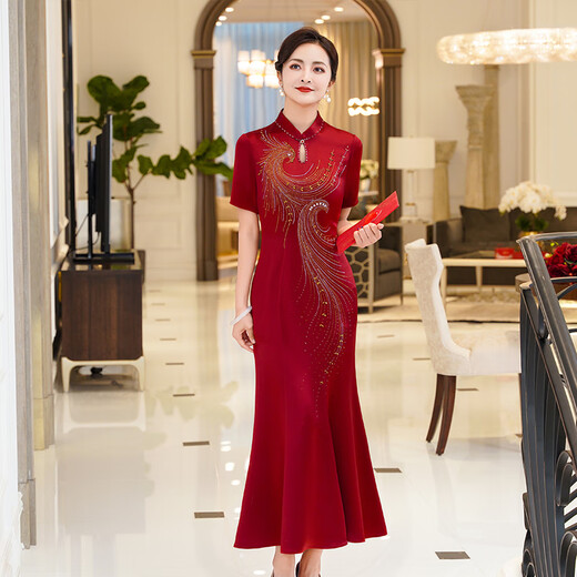 Fumini high-end mother-in-law wedding evening dress dignified and high-end mother-in-law mother-in-law 2026 new dress burgundy L