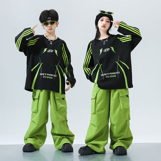 Midelei Street Dance Children's Trendy Clothing Hip-Hop Boys' Performance Clothes New Year's Day Clothes Spring Autumn and Winter Loose Girls' Games Class Clothes Performance A565 Black and Green Sweater + 976 Fluorescent Green Pants + LH Headband 110