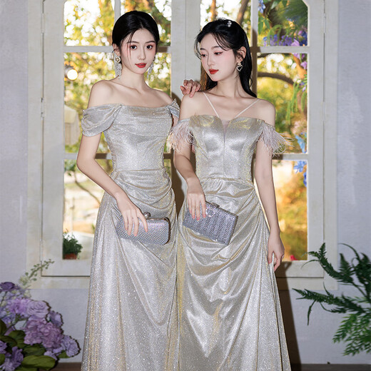 Chuangjingyi selected dress high-end light luxury niche evening dress high-end light luxury niche 2025 new style French engagement party evening champagne gold A style_135CM M