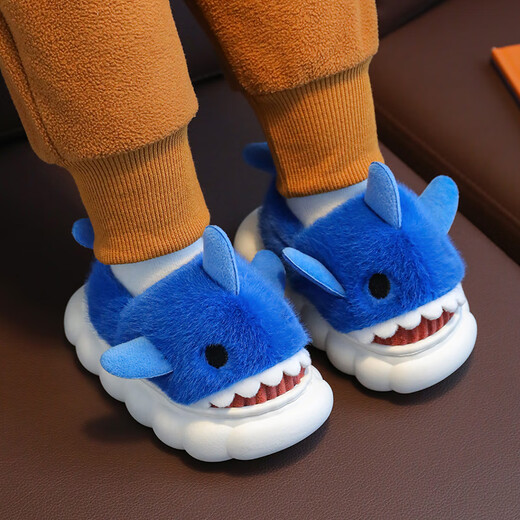 Yi Cong children's cotton shoes winter cartoon shark boys and girls indoor non-slip baby plush parent-child home children's cotton slippers gray cotton shoes shark style 22-23 size inner length 13.5 about 1-2 years old