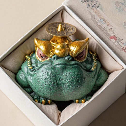 2025 Chinese-style creative Tianji Golden Toad desktop decorations, office study, money dropped from the sky, tea pet decorations, green sandstone colored gold magical four beast ornaments_Tianji Golden Toad gift box without Specifications