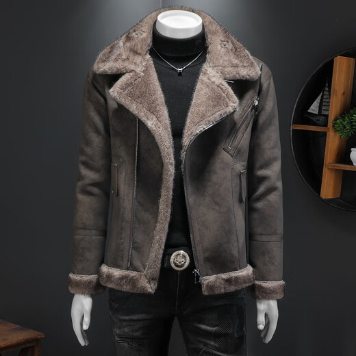 Yu Mengxindi frosted suede leather jacket for men 2025 winter fur integrated trendy plus velvet thickened suede motorcycle jacket heavy industry cotton cocoa color XL 140-160Jin Jin is equal to 0.5 kg