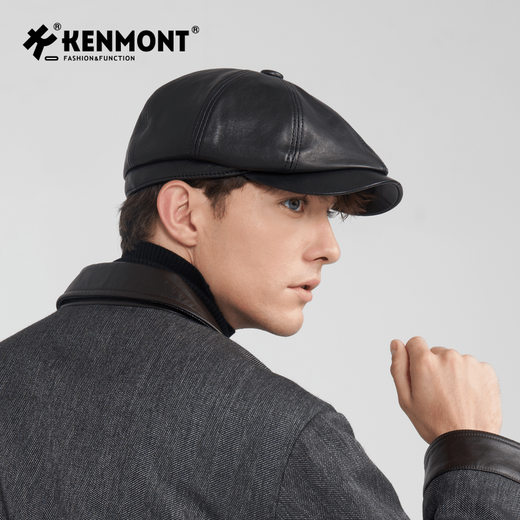Kenmont British retro genuine leather beret autumn and winter windproof plus velvet warm gentleman forward hat large head circumference dark brown M 58c_ (adjustable)