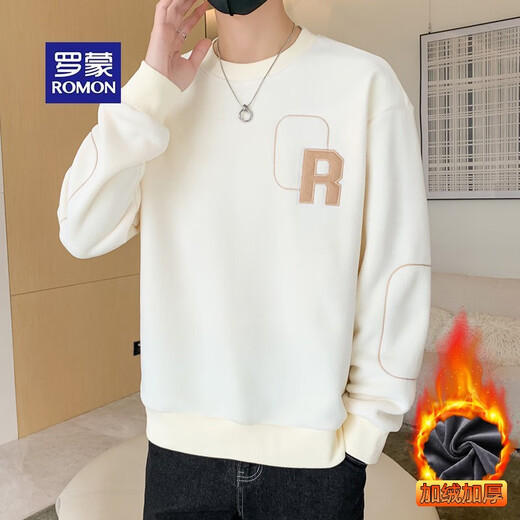 ROMON sweatshirt men's winter 2025 new velvet thickening warm skin-friendly and comfortable long-sleeved top men's rice XL