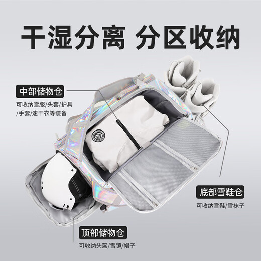 Fiaos Snowboard-Tasche, Rucksack, Snowboard-Tasche, Wild Snow-Rucksack, Herren- und Damen-Skischuhtasche, große Kapazität, Aufbewahrungstasche, Tasche für Schneeausrüstung, Symphony Silver, One Pack – komplette Skiausrüstung, 55 l, Video-Stil