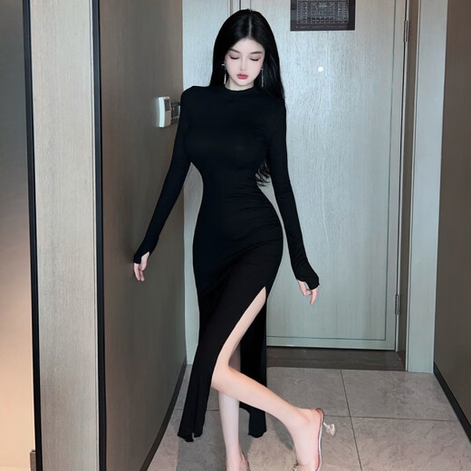忆静萱（YIJINGXUAN）纯欲辣妹女人味显胸大显身材圆领连衣裙长袖高开叉包臀长裙子夜店 主图款 M 95-105斤