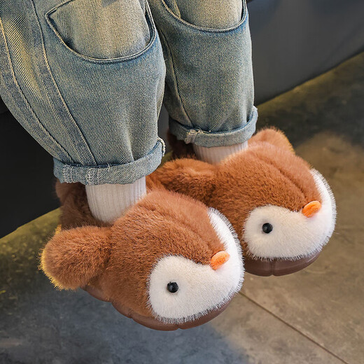 Children's cotton slippers, boy's winter cartoon cute non-slip indoor bathing soft-soled baby penguin slippers, brown (heel included) 12 30/31 size (shoe inner length 18CM, suitable for feet 17