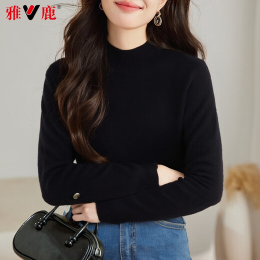 Yalu 100% Pure Wool Sweater Women's Solid Color Simple Half Turtle Collar Fashion Versatile Sweater Autumn and Winter Warm Knitted Bottoming Sweater Black L