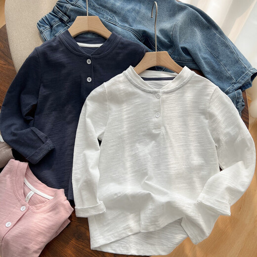 Children's bamboo cotton long-sleeved T-shirt, boys and girls base shirt, Henry collar autumn coat, medium and large children, spring style, children's clothing T1507 white bamboo cotton T-shirt, one size fits all 110cm, suitable for heights of about 100cm